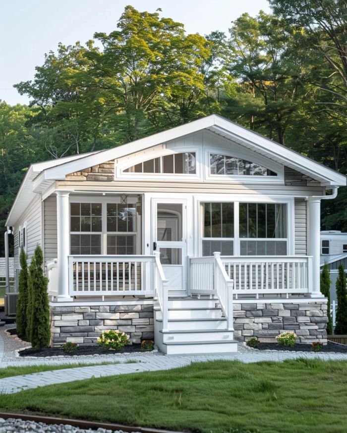 Step inside this white park model. The interior is coastal retreat