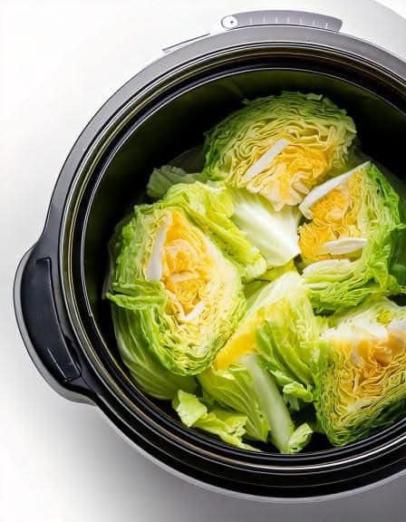 Put raw cabbage wedges in a slow cooker