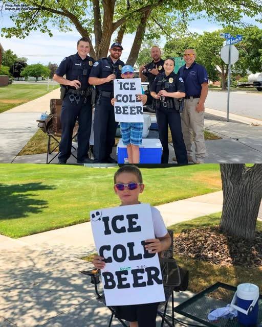 Police are called on boy selling ‘Ice Cold Beer’ but his clever sign has them laughing